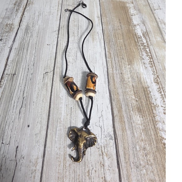 Bronze Elephant Pendant Necklace Boho Animal Print Beads Black Cord Jewelry - Picture 5 of 8